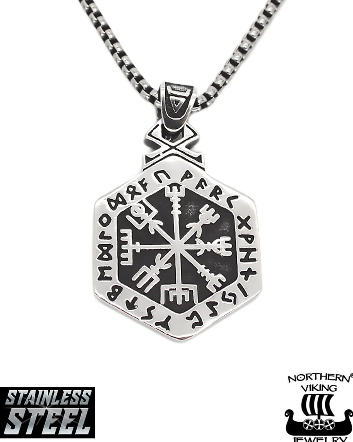 Hexagonal Vegvisir kaulakoru - Teräs